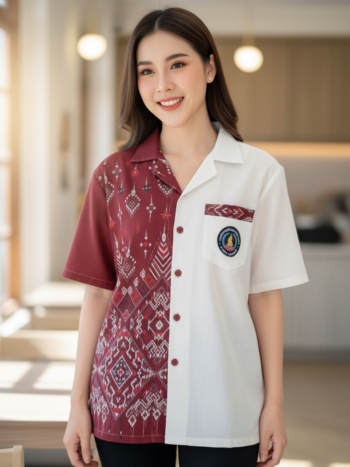 ออกแบบเสื้อทีมผ้าไทย รับผลิตเสื้อทีมผ้าไทย ทรงฮาวาย ด้านหน้า