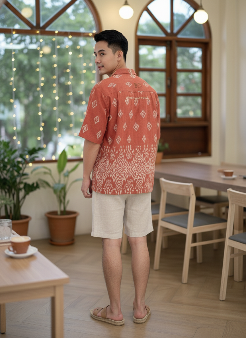 เสื้อทีมผ้าไทย ลายมัดหมี่ ด้านหลัง เสื้อทีมผ้าไทย ลายมัดหมี่ ด้านหลัง