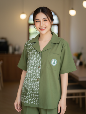 ออกแบบเสื้อทีมผ้าไทย รับผลิตเสื้อทีมผ้าไทย ทรงฮาวาย ด้านหน้า