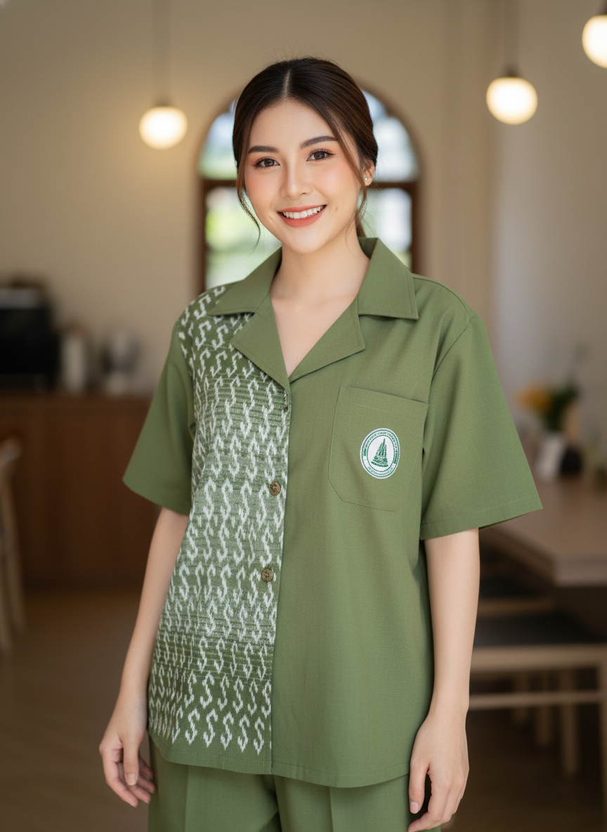 ออกแบบเสื้อทีมผ้าไทย รับผลิตเสื้อทีมผ้าไทย ทรงฮาวาย ด้านหน้า ออกแบบเสื้อทีมผ้าไทย รับผลิตเสื้อทีมผ้าไทย ทรงฮาวาย ด้านหน้า