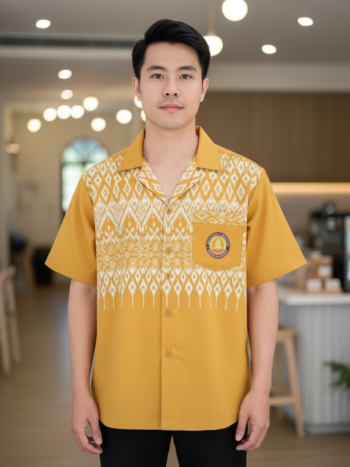 ออกแบบเสื้อทีมผ้าไทย รับผลิตเสื้อทีมผ้าไทย ทรงฮาวาย ด้านหน้า