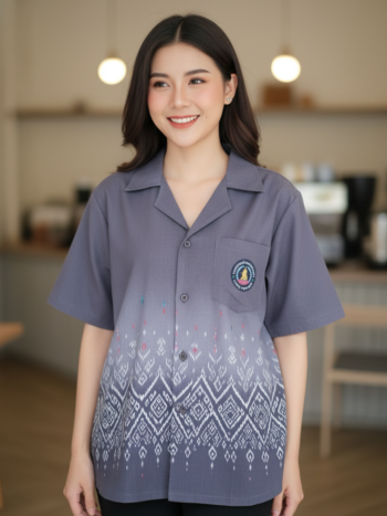 ออกแบบเสื้อทีมผ้าไทย รับผลิตเสื้อทีมผ้าไทย ทรงฮาวาย ด้านหน้า