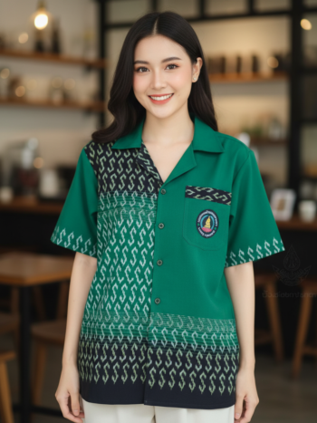 ออกแบบเสื้อทีมผ้าไทย รับผลิตเสื้อทีมผ้าไทย ทรงฮาวาย ด้านหน้า