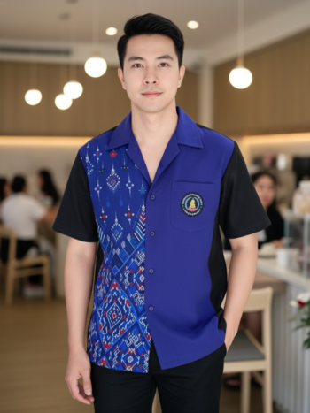ออกแบบเสื้อทีมผ้าไทย รับผลิตเสื้อทีมผ้าไทย ทรงฮาวาย ด้านหน้า