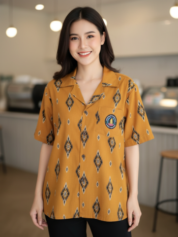 ออกแบบเสื้อทีมผ้าไทย รับผลิตเสื้อทีมผ้าไทย ทรงฮาวาย ด้านหน้า