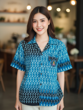 ออกแบบเสื้อทีมผ้าไทย รับผลิตเสื้อทีมผ้าไทย ทรงฮาวาย ด้านหน้า