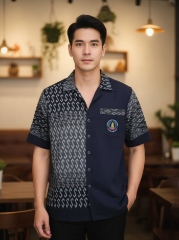 ออกแบบเสื้อทีมผ้าไทย รับผลิตเสื้อทีมผ้าไทย ทรงฮาวาย ด้านหน้า