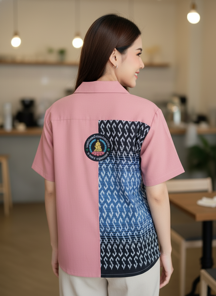 เสื้อทีมผ้าไทย ลายมัดหมี่ ด้านหลัง เสื้อทีมผ้าไทย ลายมัดหมี่ ด้านหลัง