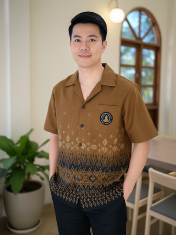 ออกแบบเสื้อทีมผ้าไทย รับผลิตเสื้อทีมผ้าไทย ทรงฮาวาย ด้านหน้า