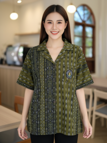 ออกแบบเสื้อทีมผ้าไทย รับผลิตเสื้อทีมผ้าไทย ทรงฮาวาย ด้านหน้า