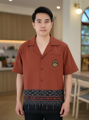 ออกแบบเสื้อทีมผ้าไทย รับผลิตเสื้อทีมผ้าไทย ทรงฮาวาย ด้านหน้า