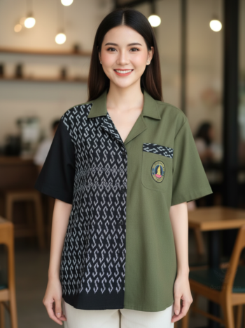 ออกแบบเสื้อทีมผ้าไทย รับผลิตเสื้อทีมผ้าไทย ทรงฮาวาย ด้านหน้า
