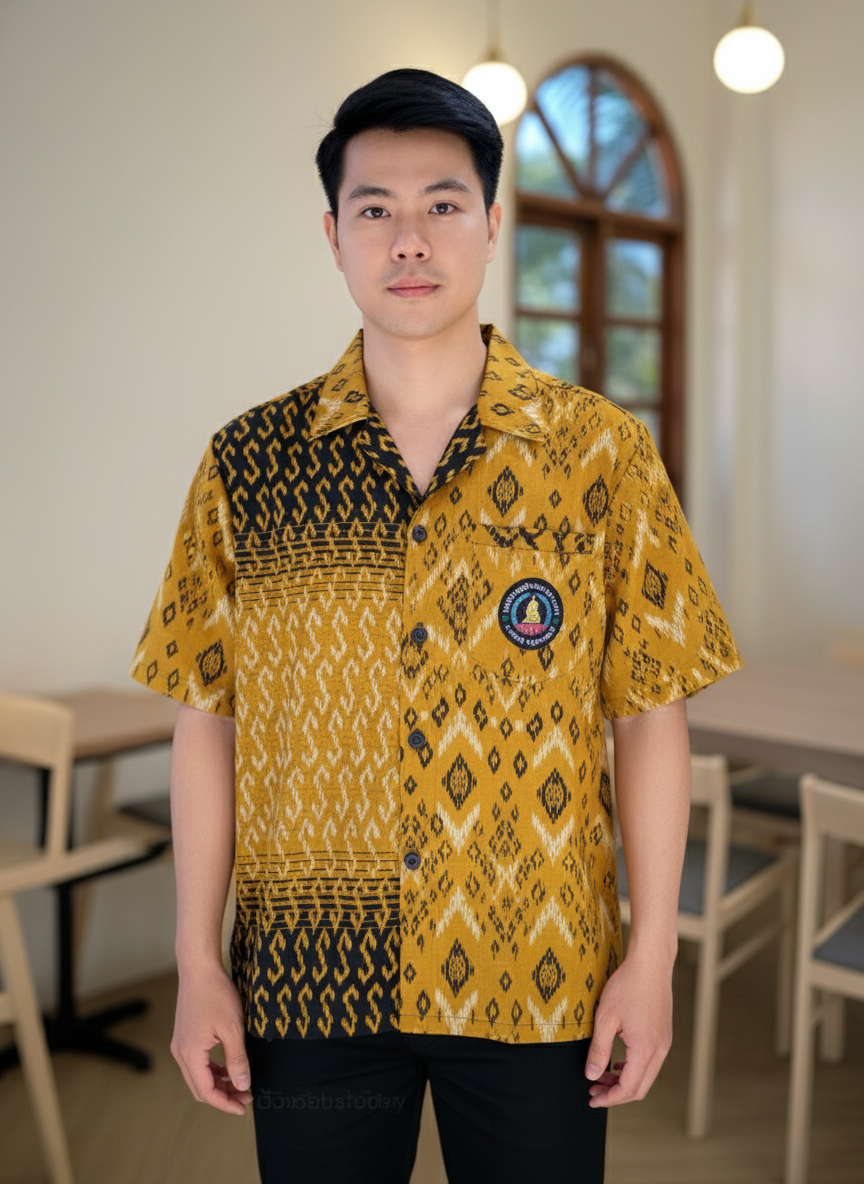 ออกแบบเสื้อทีมผ้าไทย รับผลิตเสื้อทีมผ้าไทย ทรงฮาวาย ด้านหน้า ออกแบบเสื้อทีมผ้าไทย รับผลิตเสื้อทีมผ้าไทย ทรงฮาวาย ด้านหน้า