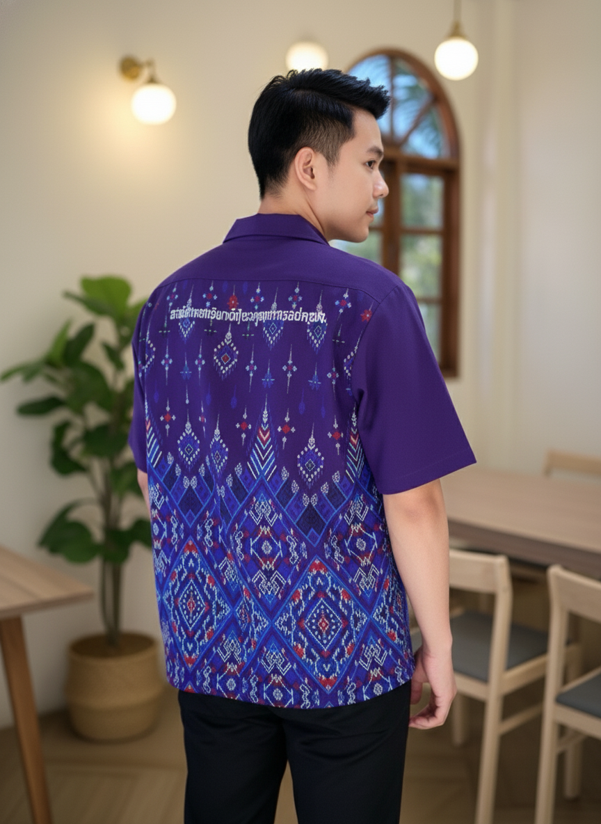 เสื้อทีมผ้าไทย ม่วง ด้านหลัง มัดหมี่ เสื้อทีมผ้าไทย ม่วง ด้านหลัง มัดหมี่