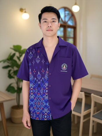 เสื้อทีมผ้าไทย ม่วง ด้านหน้า ออกแบบ/รับผลิตเสื้อทีมผ้าไทย