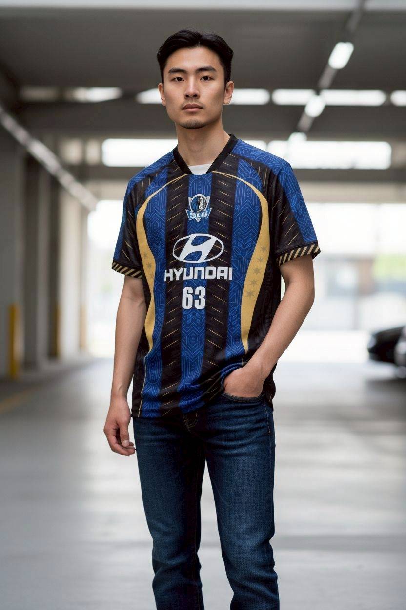 เสื้อกีฬา RT1021 ลายทางน้ำเงินดำ Hyundai หมายเลข 63 ลายโบฮีเมียน