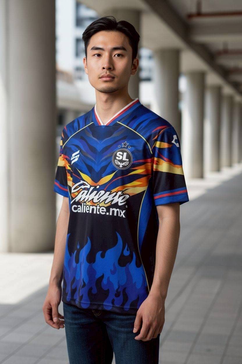 เสื้อกีฬา FTL1061 สีน้ำเงินไฟไหม้ ลายเปลวไฟ Caliente ดีไซน์เจาะลมเจ็ท
