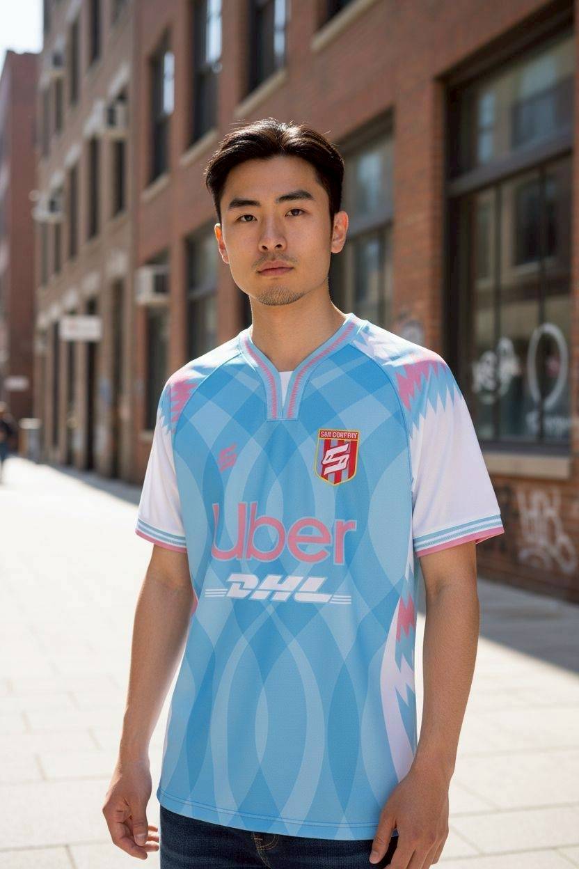 เสื้อฟุตบอล FTL1193 สีฟ้าขาว ลายไทดาย สปอนเซอร์ Uber DHL Spotify