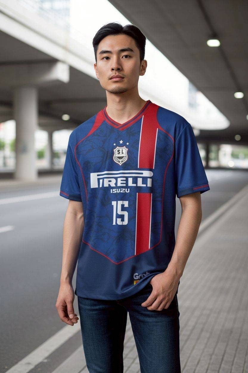 เสื้อฟุตบอล RT344 ทีมปิเรลลี่ สีน้ำเงินแดง เบอร์15 สไตล์วินเทจ