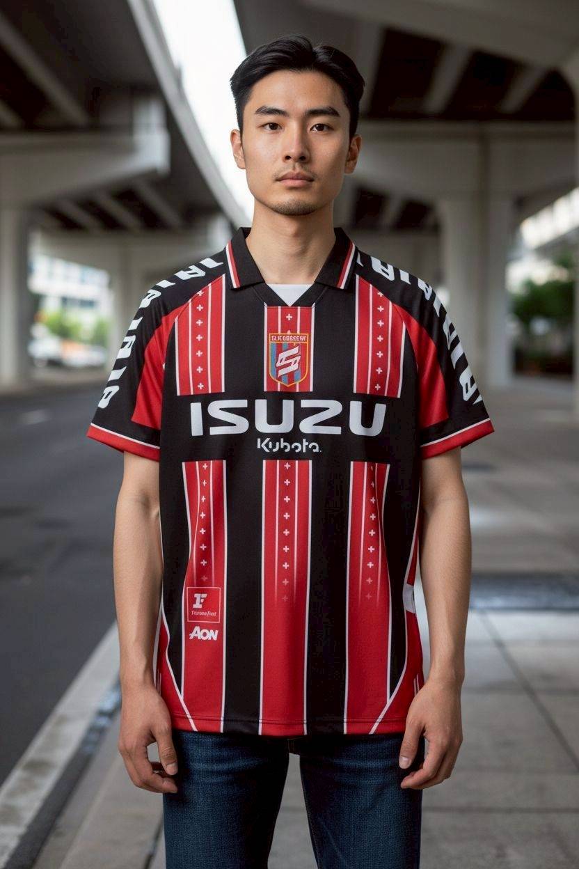 เสื้อฟุตบอล RT367 ลายทางแดงดำ ISUZU สไตล์ AC Milan คลาสสิก