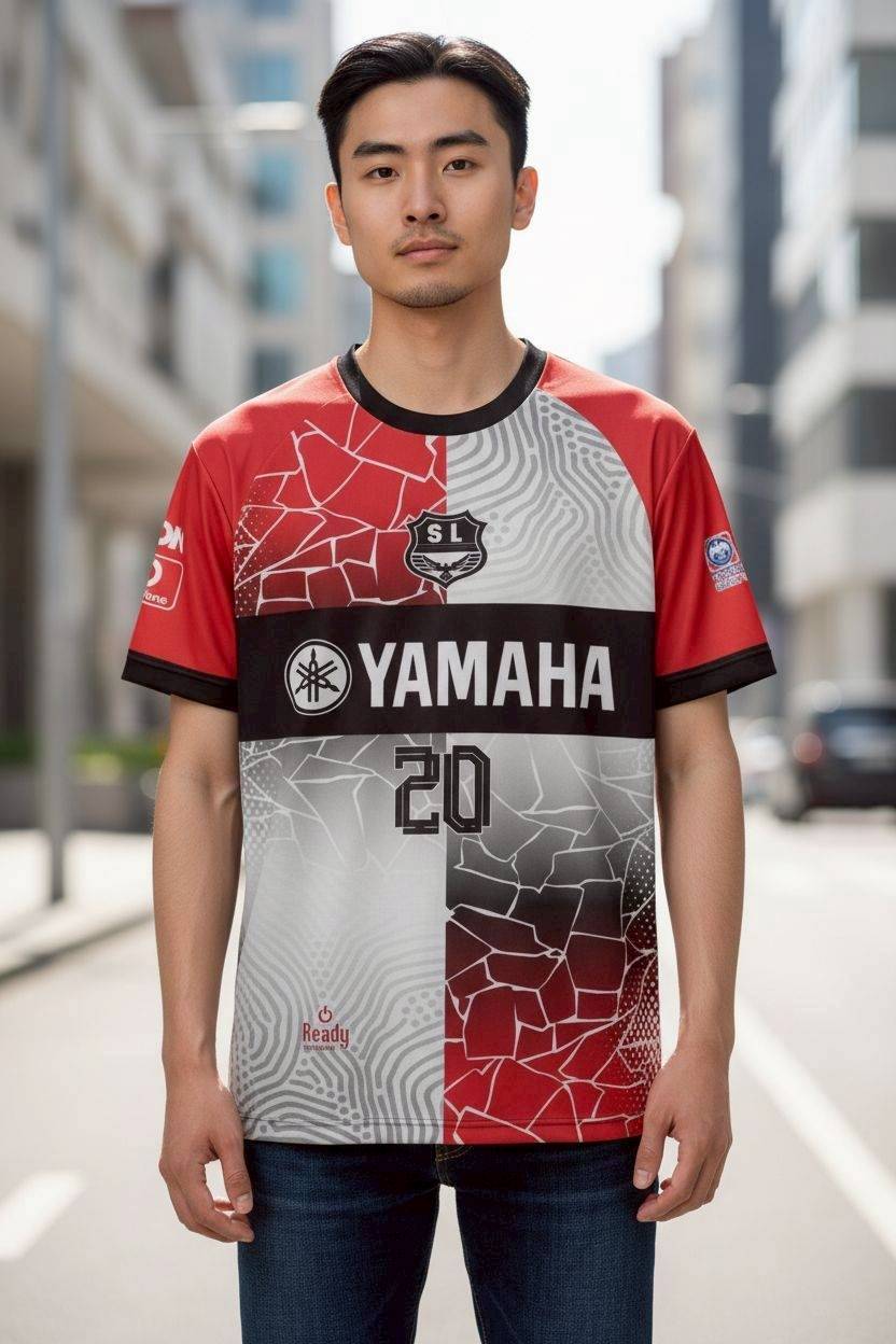 เสื้อกีฬา RT376 YAMAHA ลายเรขาคณิต สีแดงขาวดำ ดีไซน์โมเดิร์น