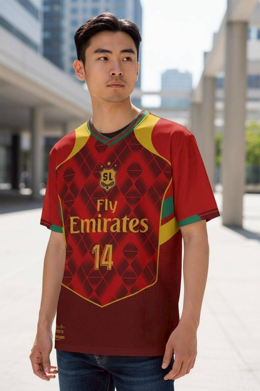 เสื้อฟุตบอล RT380 Emirates ลายเพชรแดงเหลือง สไตล์คลาสสิค