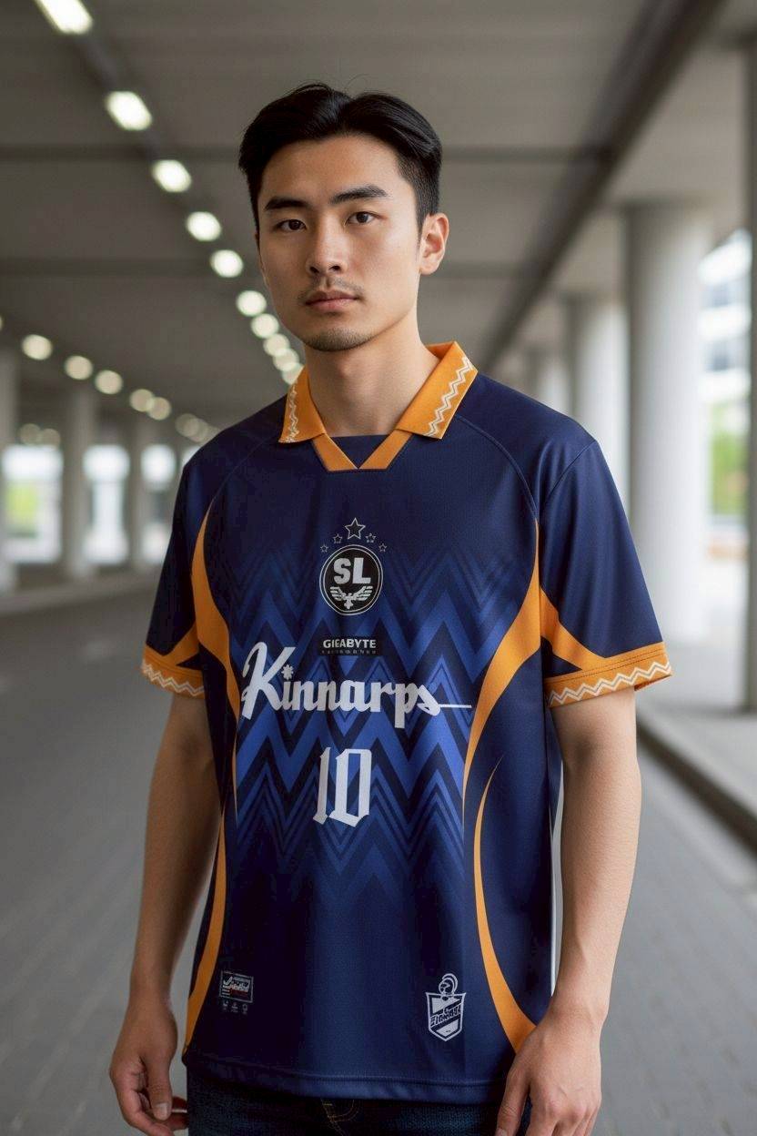 เสื้อฟุตบอล RT402 All Star สีน้ำเงินทอง ลายเชฟรอน เบอร์ 10