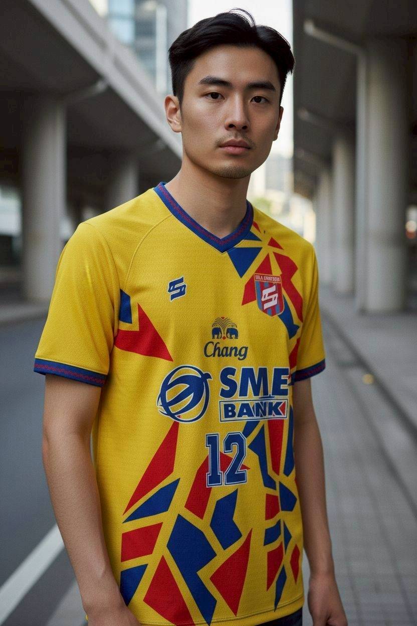 เสื้อฟุตบอล RT437 สีเหลืองฟ้า ลายเรขาคณิตแดงน้ำเงิน SME BANK Chang