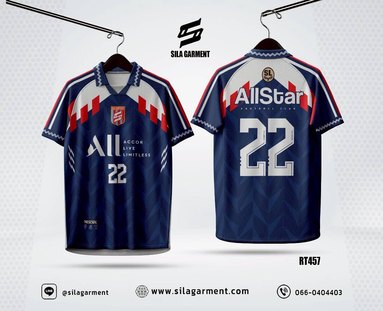เสื้อฟุตบอล RT457 PSG สีกรมท่า ลายไดอะมอนด์แดง เบอร์22