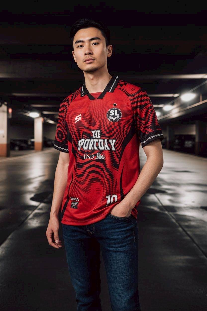 เสื้อฟุตบอล RT465 สีแดงดำ ลายกราฟิกเสือ ทีม SL หมายเลข 10 STAFF