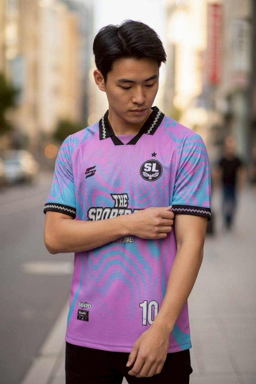 เสื้อฟุตบอล RT469 สีม่วงฟ้าใส ลายเวฟ Staff 10 สไตล์เรโทร
