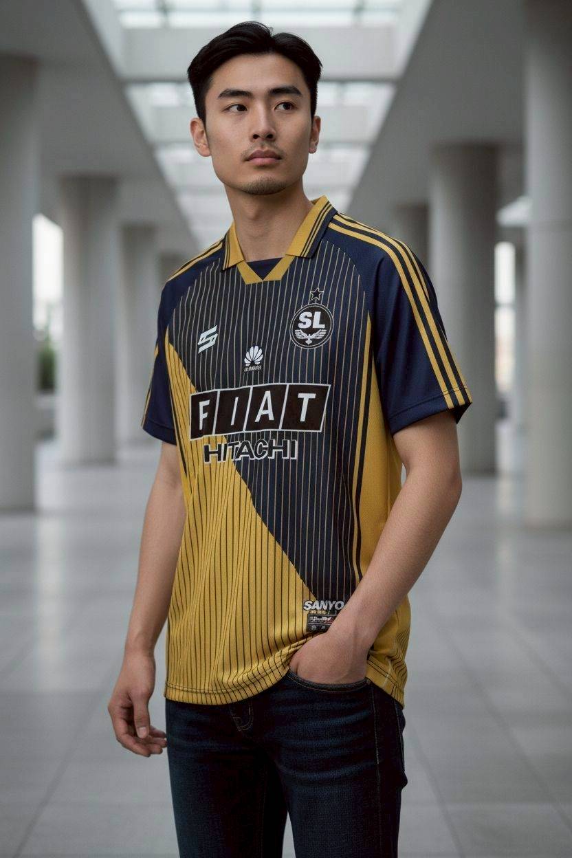 เสื้อฟุตบอล RT481 ลายทางแนวตั้ง สีเหลืองน้ำเงิน ดีไซน์แฟชั่น ALLSTAR 23
