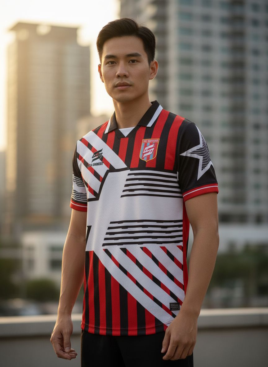 เสื้อฟุตบอล RT493 ลายทางแดงดำ กราฟิกสีขาว เบอร์ 14 สไตล์มิลาน
