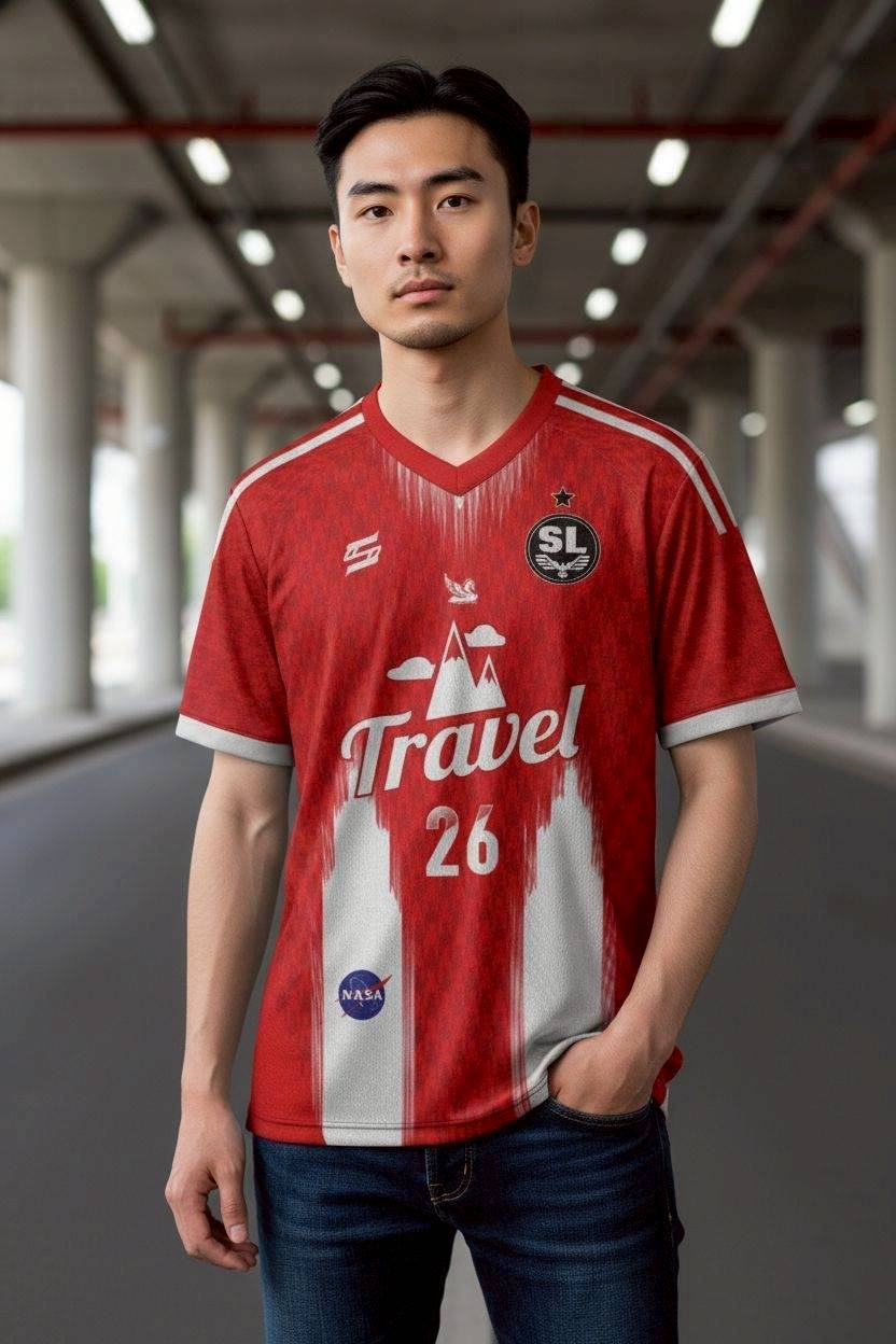 เสื้อฟุตบอล RT498 สีแดงลายขาว ทีม SL Travel ดีไซน์สปอร์ตโมเดิร์น