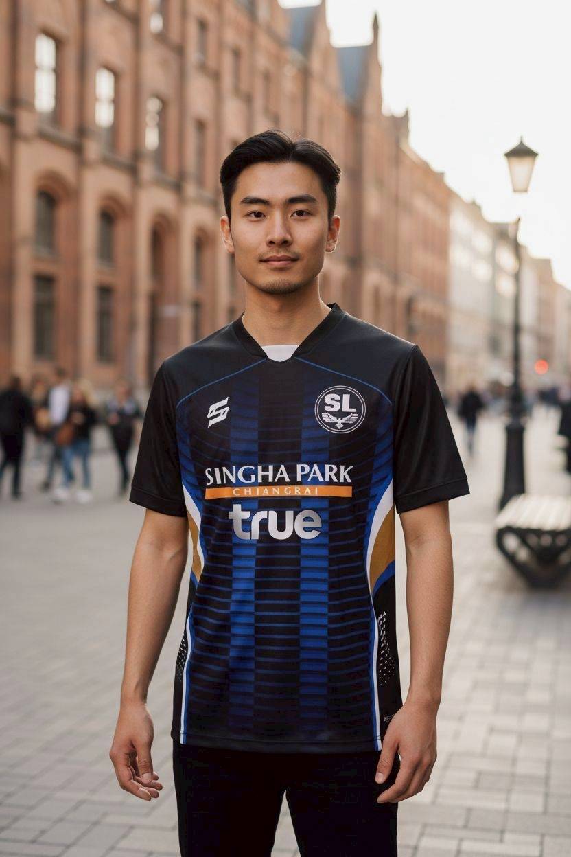 เสื้อฟุตบอล FTL506 ทีมไทยแลนด์ สีดำน้ำเงิน ลายกราฟิกโมเดิร์น สปอนเซอร์ True