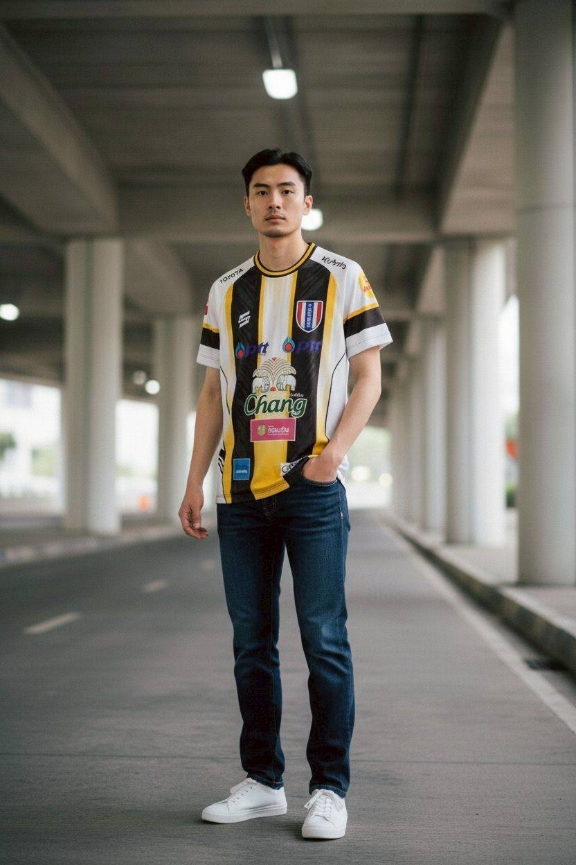 เสื้อฟุตบอล RT532 ลายทางดำทองสปอนเซอร์ เบอร์10 สไตล์ช้างเบียร์