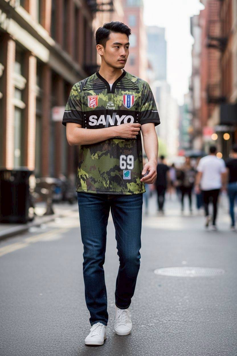 เสื้อกีฬา RT547 ลายพรางสีเขียว ทีมไทยแลนด์ หมายเลข 69 SANYO SPONSOR