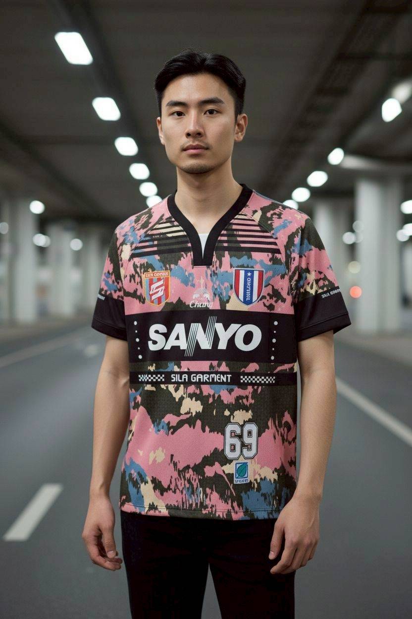 เสื้อกีฬา RT549 ลายทหารสีชมพู SANYO THAILAND หมายเลข 69 สไตล์สตรีทแฟชั่น