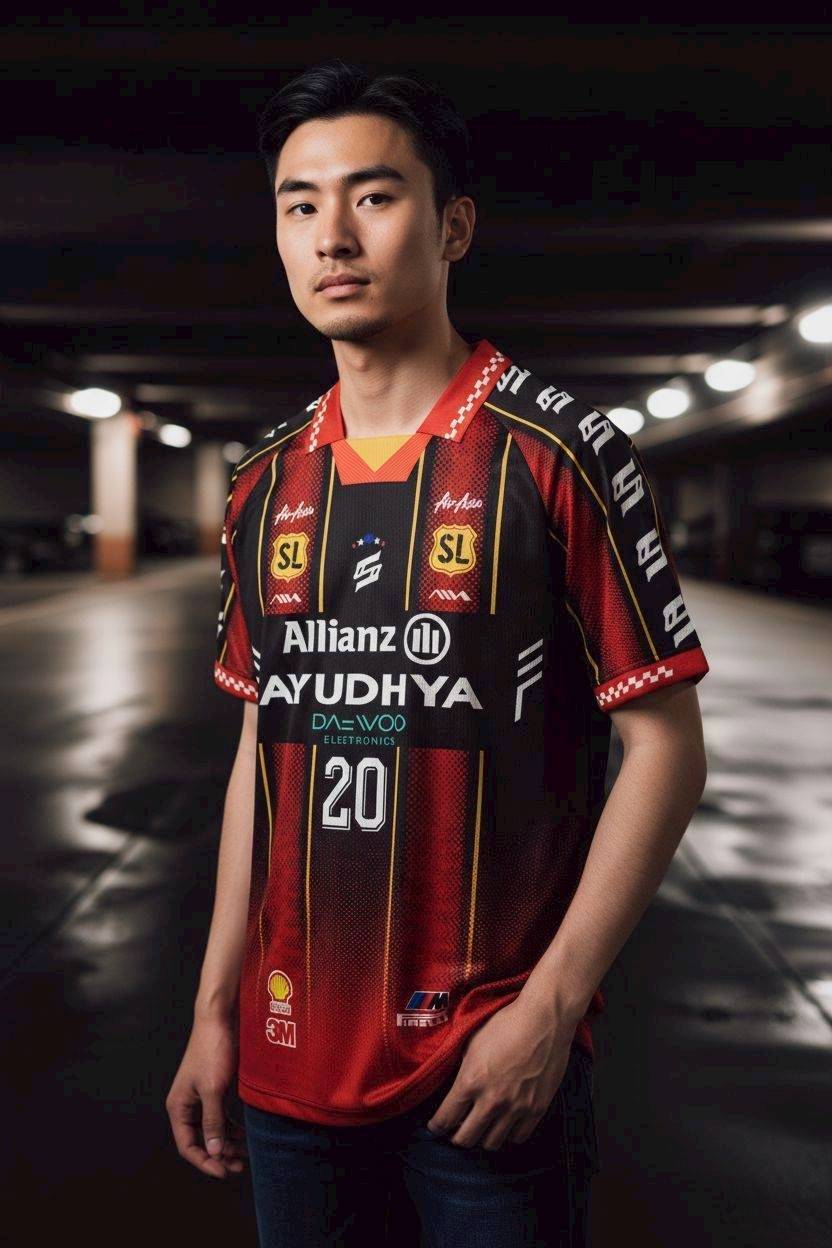 เสื้อฟุตบอล RT572 ALLSTAR สีดำแดงไล่ระดับ ลายแถบข้าง หมายเลข 20