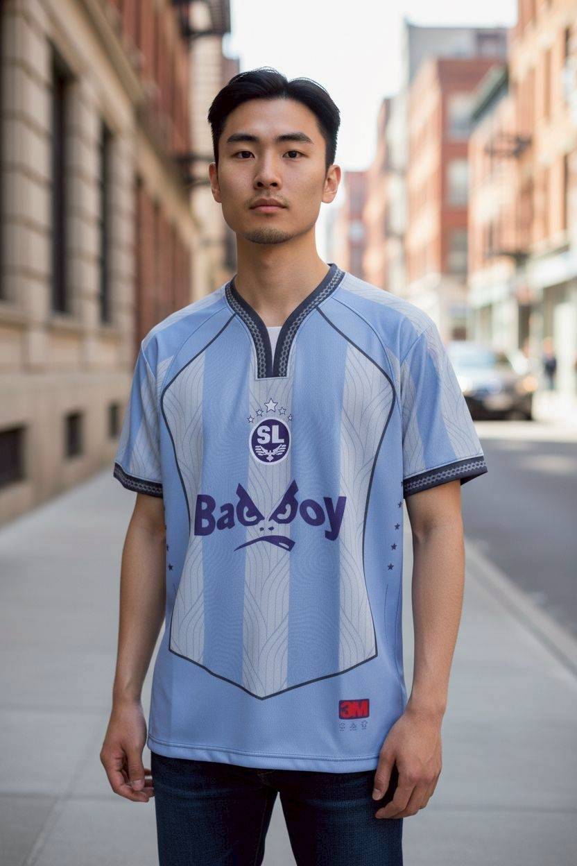 เสื้อฟุตบอล RT601 Bad Boy ลายทางสีฟ้า-เทา สไตล์ญี่ปุ่น Toshiba