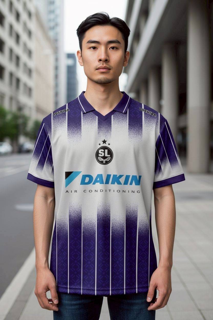 เสื้อฟุตบอล RT651 ลายทางไล่โทนสีน้ำเงินขาว สปอนเซอร์ DAIKIN-PIRELLI