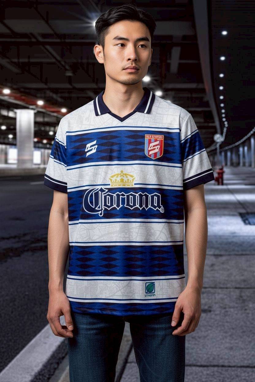 เสื้อฟุตบอล FTL653 ลายทางน้ำเงินขาว สปอนเซอร์โคโรน่า สไตล์ย้อนยุค