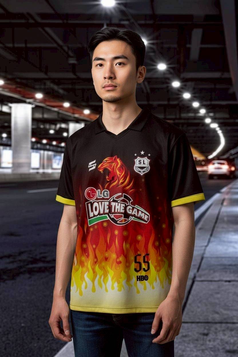 เสื้อกีฬา RT700 ลายไฟ Love The Game สีดำแดงเหลือง พร้อมปักชื่อ-เบอร์