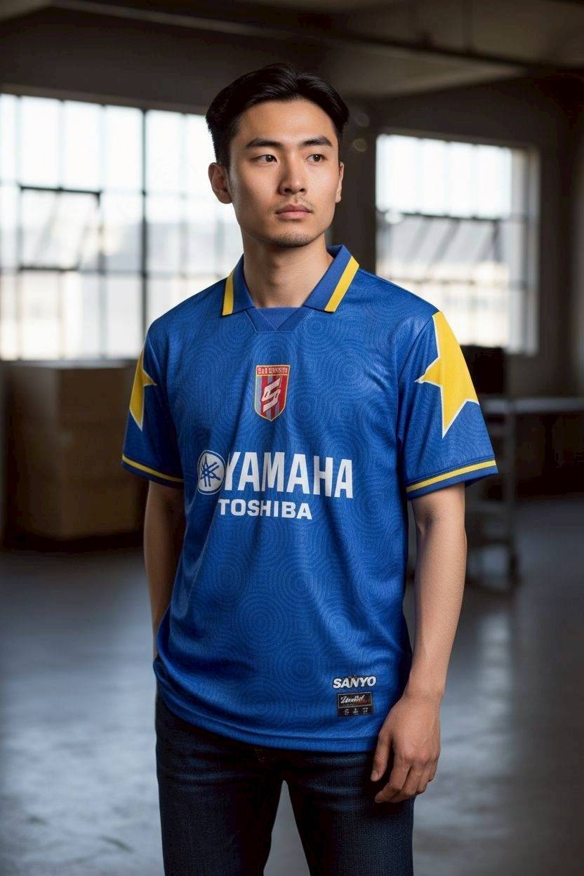 เสื้อฟุตบอล RT705 YAMAHA TOSHIBA สีน้ำเงินเหลือง ลายวงกลมวินเทจ