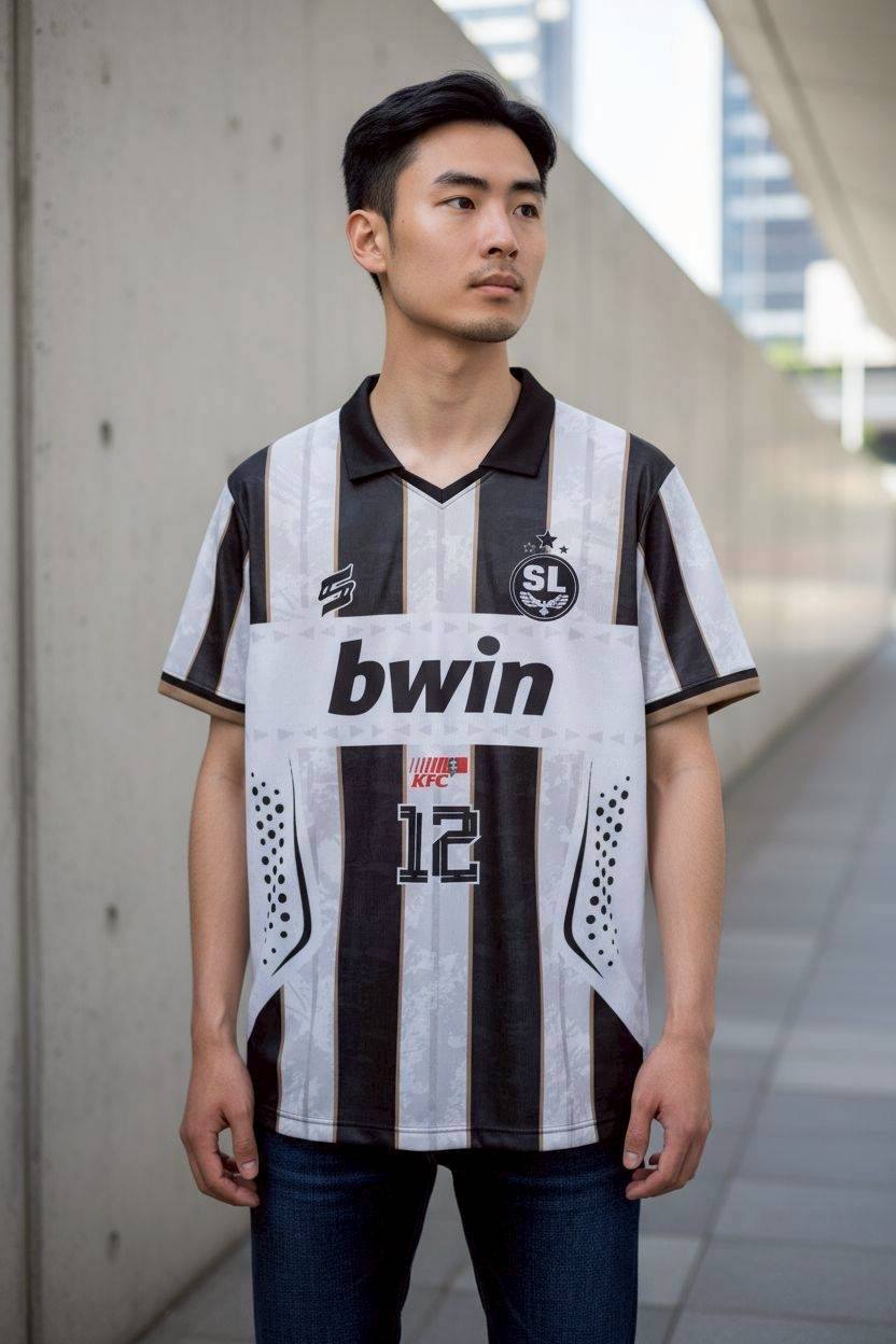 เสื้อฟุตบอล FTL733 ลายทางขาวดำ สปอนเซอร์ bwin SANYO สไตล์วินเทจ