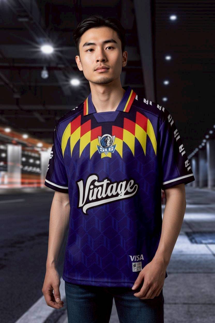 เสื้อฟุตบอล RT771 สีน้ำเงินเข้ม ลายเรนโบว์วินเทจ ปักหมายเลข 44