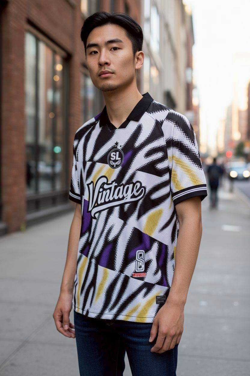 เสื้อกีฬา RT774 ลายซิกแซกขาวดำ โทนม่วงเหลือง สไตล์ Vintage
