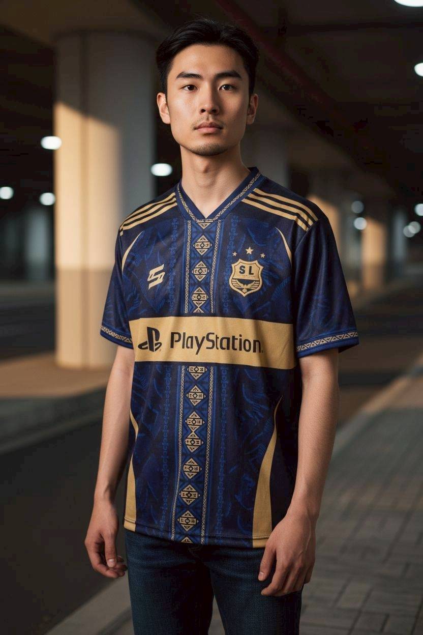 เสื้อฟุตบอล FTL824 สีน้ำเงินทอง ลายไทยดิจิตอล PlayStation Netflix