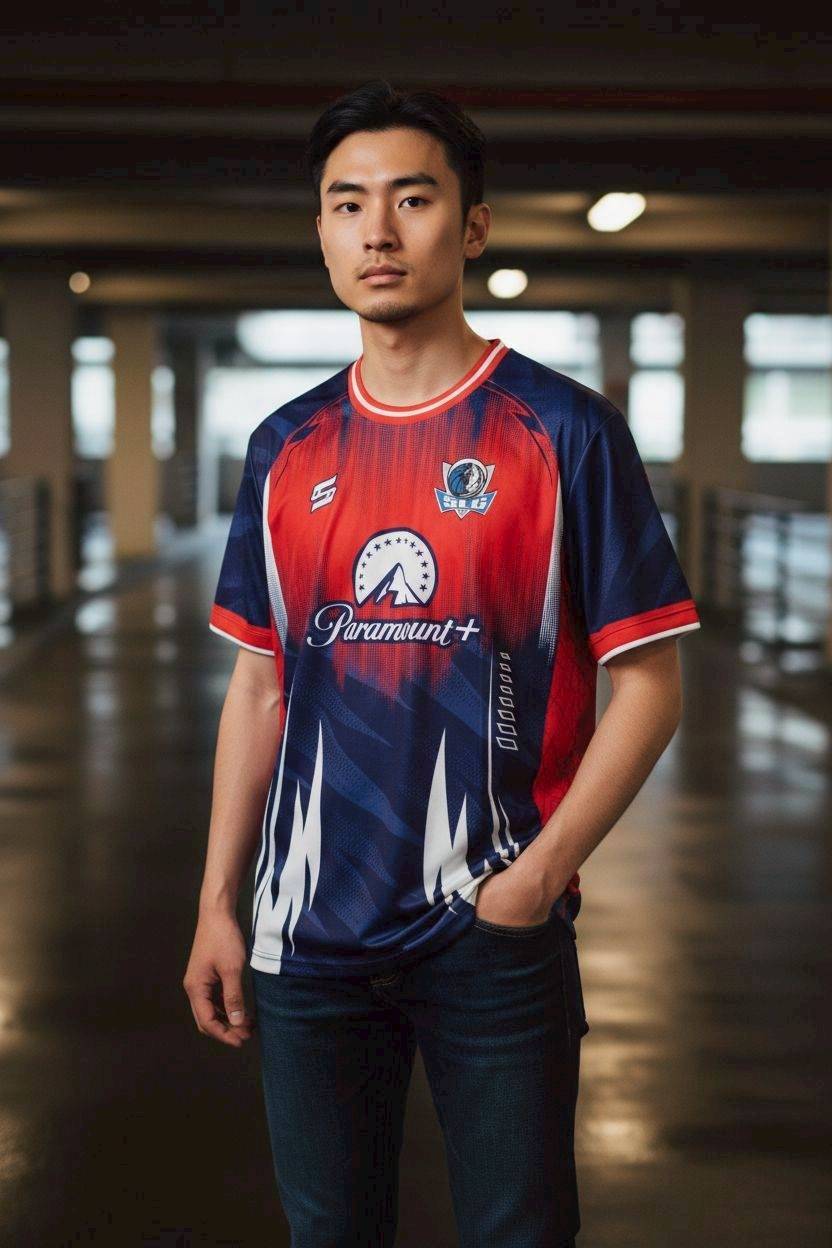 เสื้อฟุตบอล FTL861 ทีมสีแดงน้ำเงิน ลายกราฟิกขนนก สปอนเซอร์ Paramount+