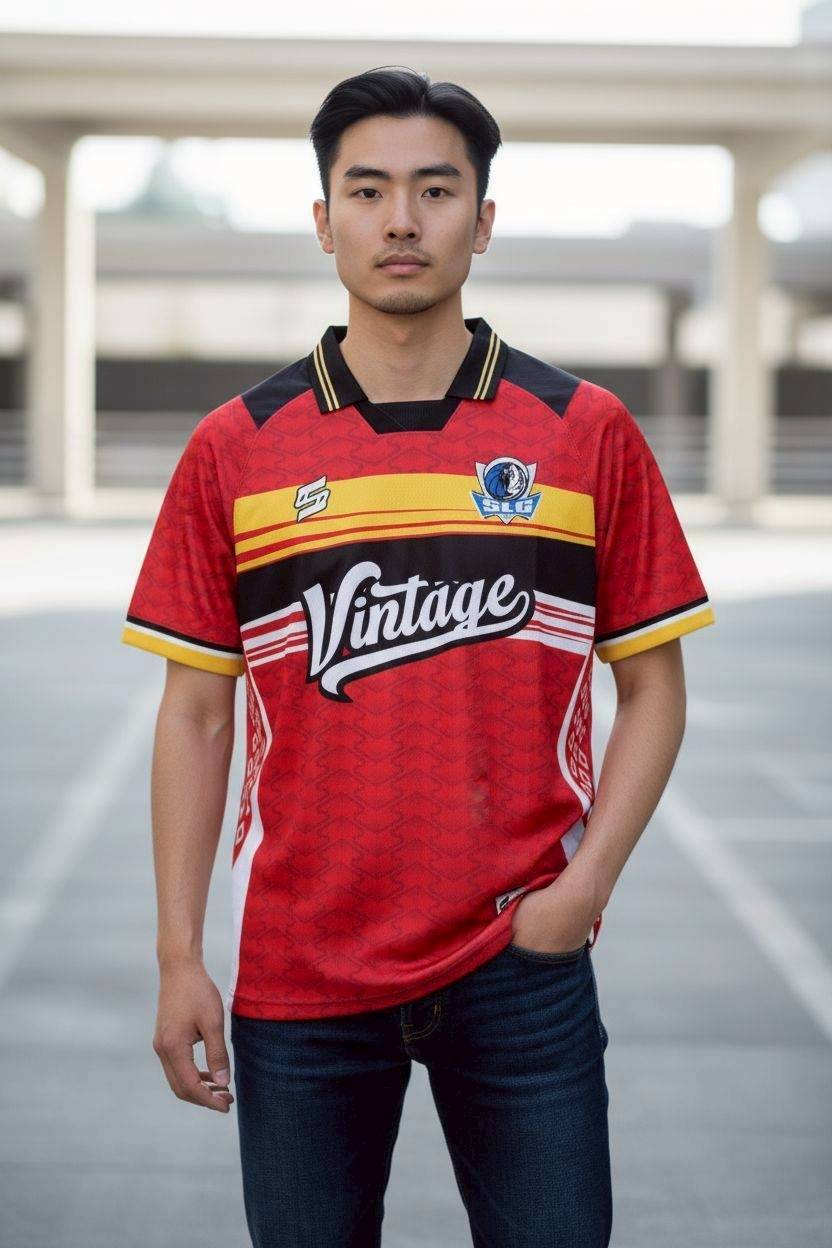เสื้อฟุตบอล RT879 สีแดงดำ ลาย Vintage สไตล์เรโทร ดีไซน์เพชร